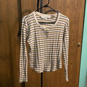 Tommy Hilfiger Women's Cream and Gray Striped Long Sleeve Top